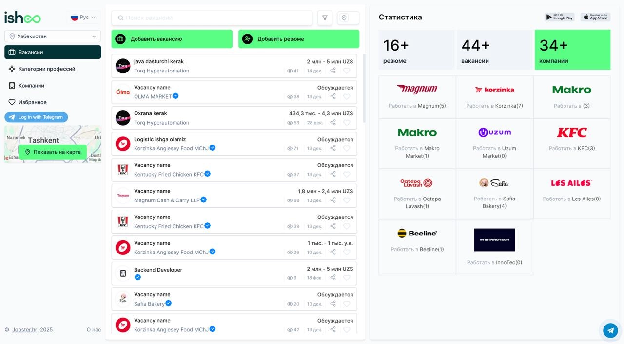 Запуск экосистемы ishGO для рекрутинга в Узбекистане 
Команда Jobster запускает ishGO — онлайн-агрегатор вакансий и резюме для HR-специалистов и рекрутеров | Сетка — новая социальная сеть от hh.ru