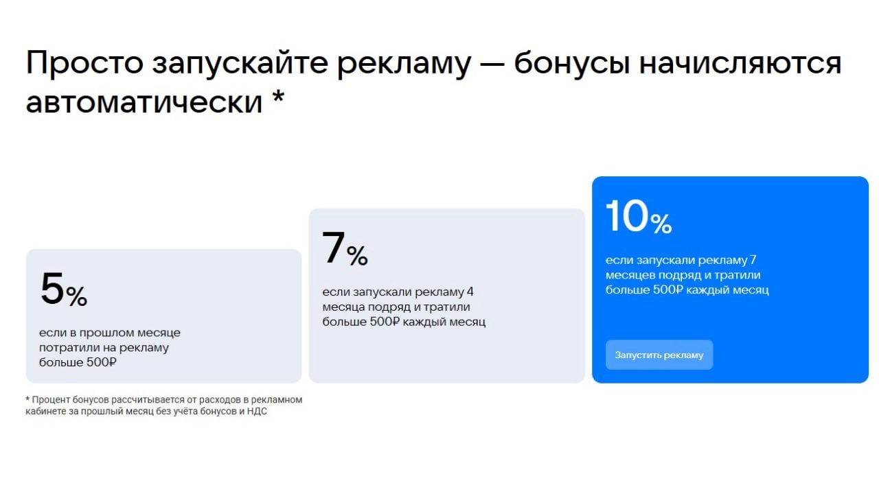ПРОГРАММА ЛОЯЛЬНОСТИ появилась в рекламном кабинете VK Реклама. Не мелочь совсем и очень приятно! 
Как участвовать в программе лояльности
1
Запускайте рекламу на сумму от 500₽ в месяц без учета НДС | Сетка — новая социальная сеть от hh.ru