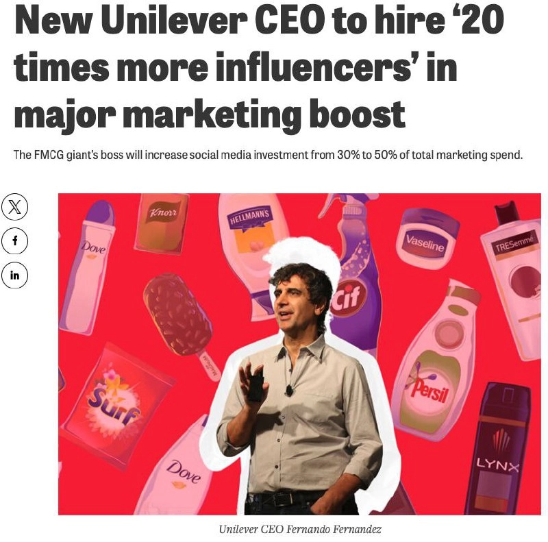Обстановка: Unilever под руководством нового CEO планирует увеличить инвестиции в соцсети с 30 до 50% от их маркетингового бюджета, а число партнёрств с инфлюенсерами приумножить в 20 раз | Сетка — новая социальная сеть от hh.ru