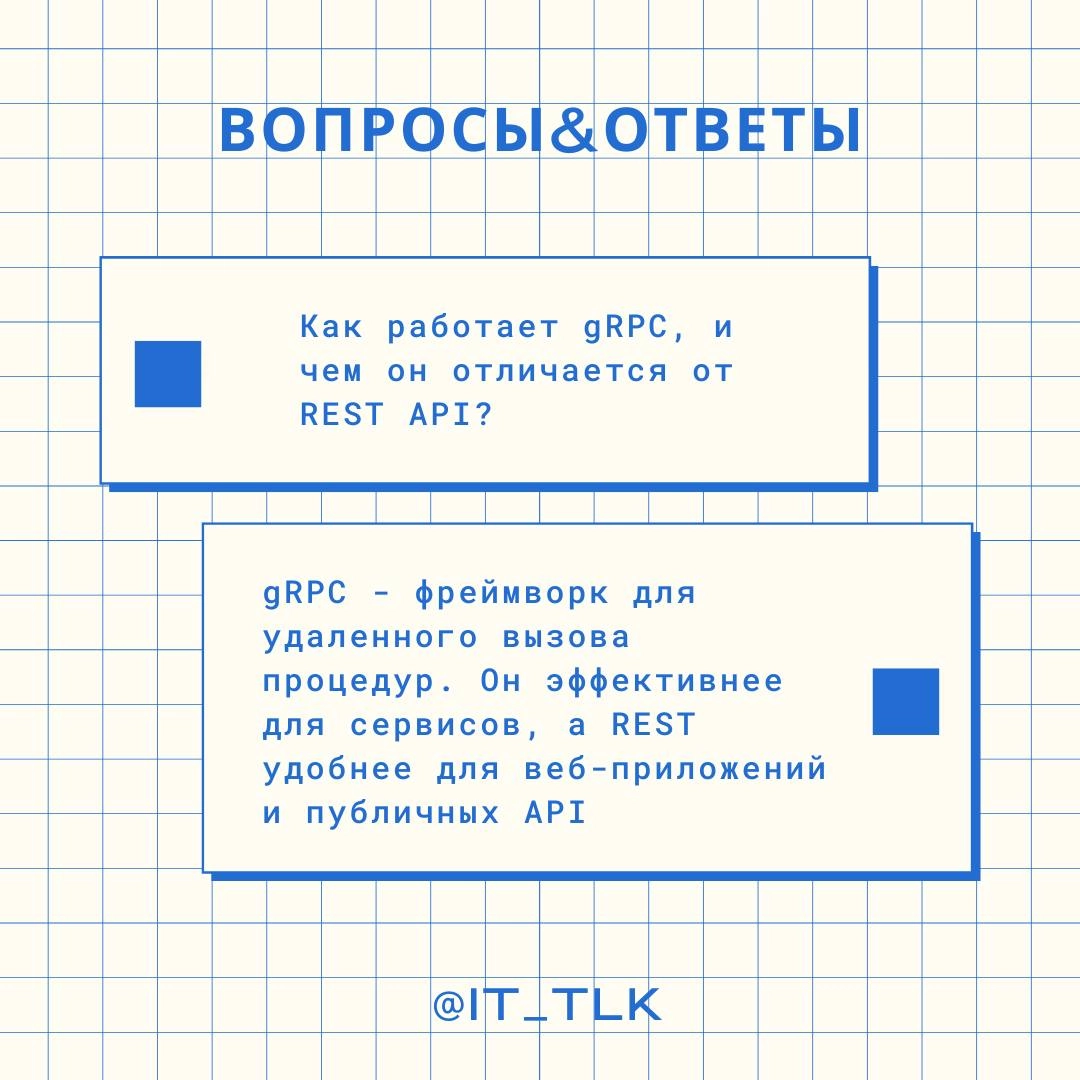 Новая рубрика #ВопросыСА❓
Как работает gRPC, и чем он отличается от REST API?✅ gRPC работает через протокол HTTP/2 и передает данные в бинарном формате (protobuf), что делает его удобнее для микросерв... | Сетка — новая социальная сеть от hh.ru