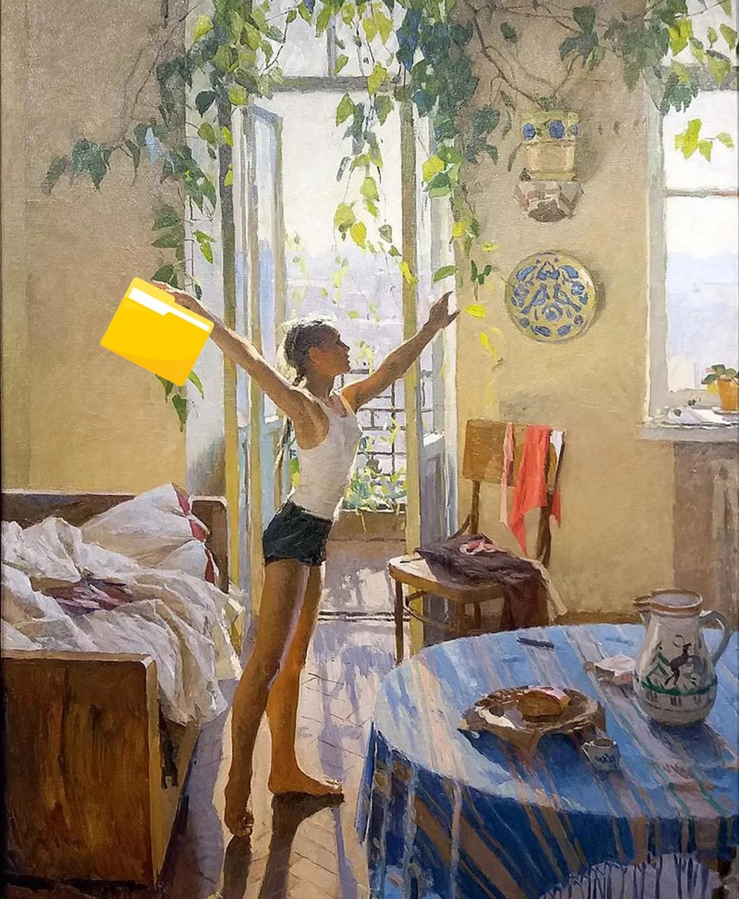 Утренняя папка 
(холст, масло, 2025)
Прошу, не спеши с выводами. Я буквально недавно вступила в «Клюб» - сообщество креативных директоров и владельцев рекламных агентств | Сетка — новая социальная сеть от hh.ru