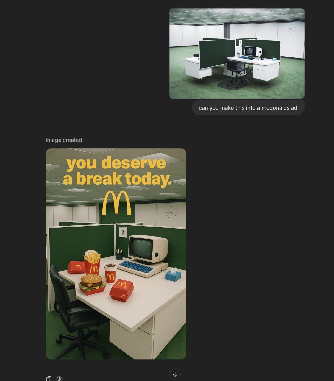 Чувак попросил обновлённый ChatGPT сделать рекламу McDonald's из кадра сериала «Разделение» | Сетка — новая социальная сеть от hh.ru