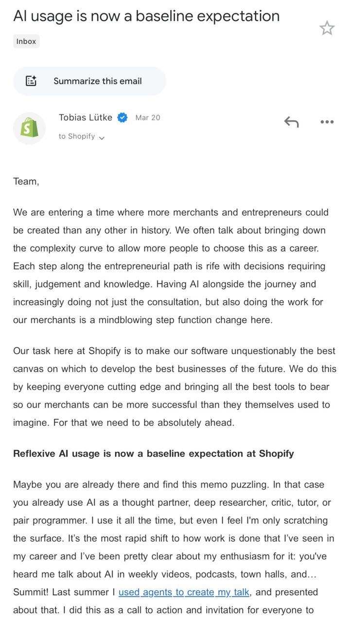 Тоби Лютке, CEO Shopify вчера разослал письмо своей команде.
Ключевое:


Нанимайте ИИ, прежде чем нанимать человека. Эйчары должны отдавать предпочтение кандидатам, свободно владеющим ИИ | Сетка — новая социальная сеть от hh.ru