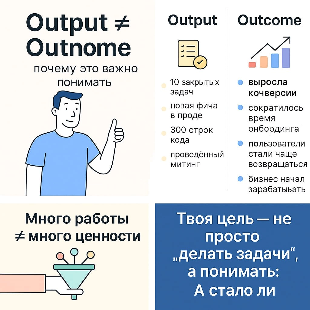 🎯 Output != Outcome: не путай важное с второстепенным
В разговорах про эффективность часто звучат два похожих термина - output и outcome. Пора разобраться, в чём разница и зачем они нужны | Сетка — новая социальная сеть от hh.ru