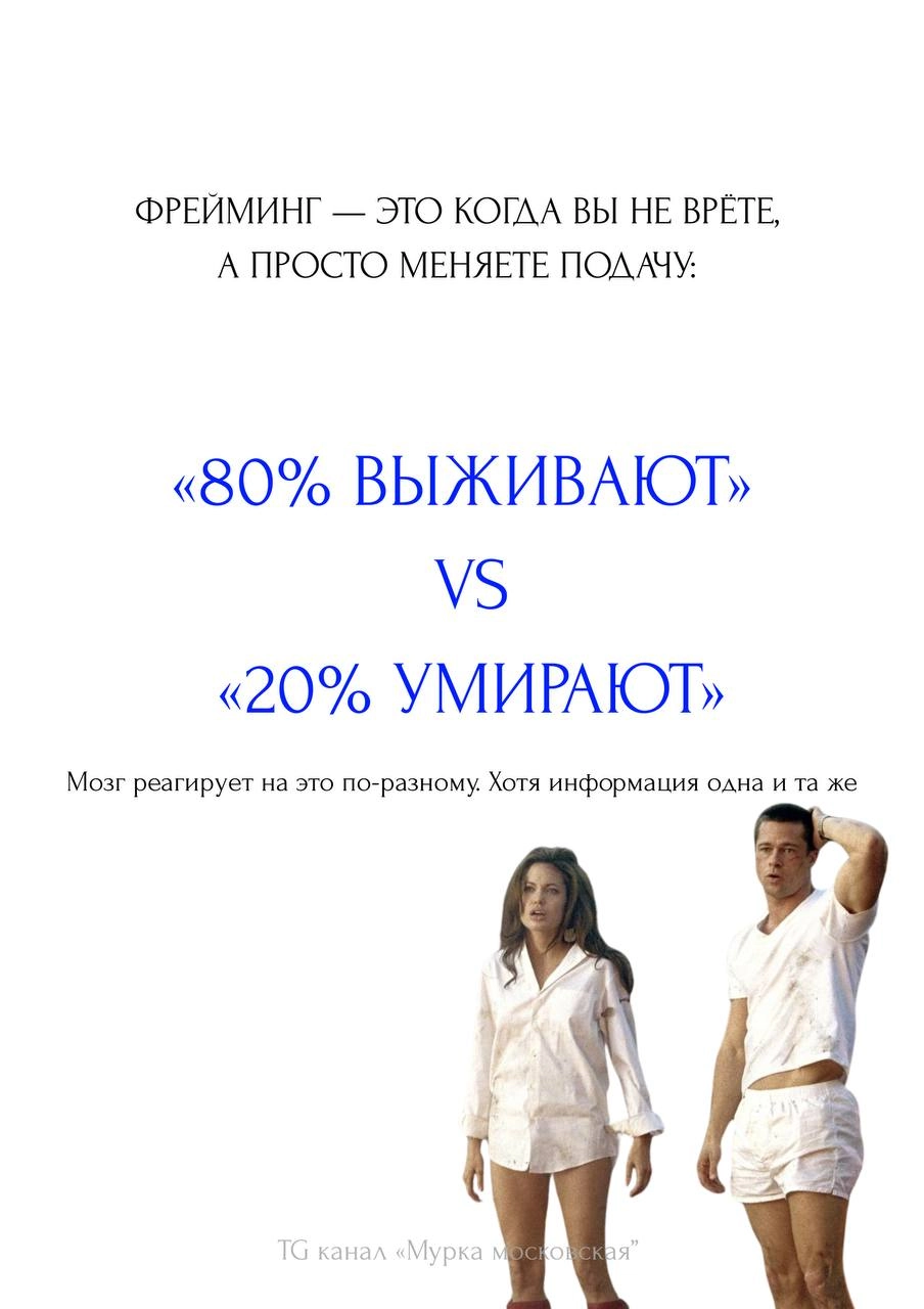 «80% пациентов выживают» и «20% пациентов умирают» — одно и то же, но звучит будто два разных мира. 
Знакомьтесь, мистер Фрейминг | Сетка — социальная сеть от hh.ru