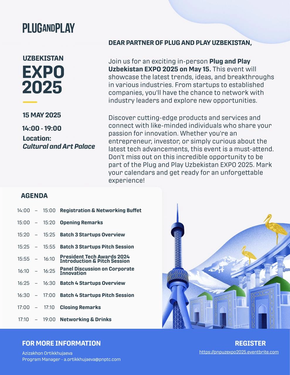 EXPO 2025 в Ташкенте покажет будущее технологий и инноваций
15 мая в Ташкенте пройдёт EXPO 2025 от Plug and Play, IT Park и Минцифры Узбекистана | Сетка — новая социальная сеть от hh.ru