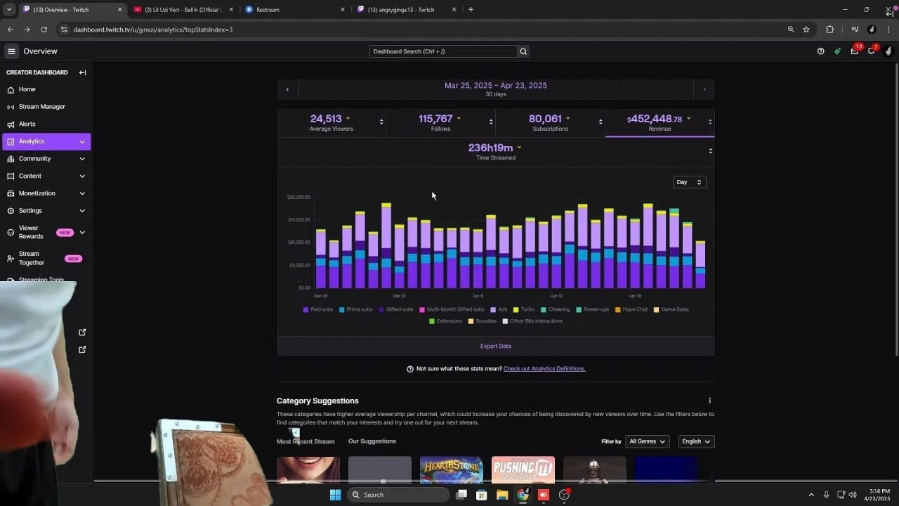 Тем временем Twitch-стримеры продолжают случайно палить свои доходы на платформе. 
Jynxzi, например, за последний месяц заработал $452,448, причем примерно 45% дохода — с рекламы во время трансляций | Сетка — новая социальная сеть от hh.ru