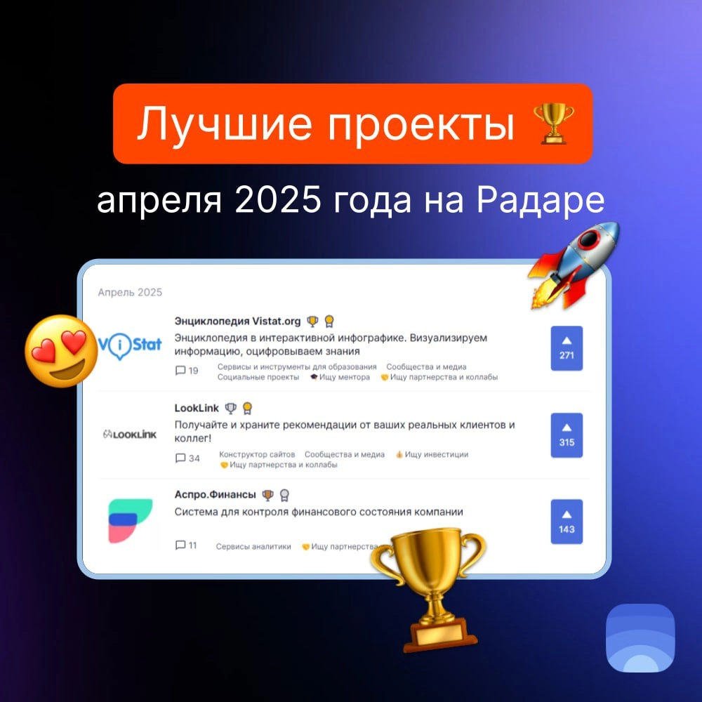 Лучшие проекты апреля 2025 на Радаре
🏆Продукт февраля №1 — Энциклопедия Vistat.org
Энциклопедия в интерактивной инфографике. Визуализируем информацию, оцифровываем знания | Сетка — новая социальная сеть от hh.ru