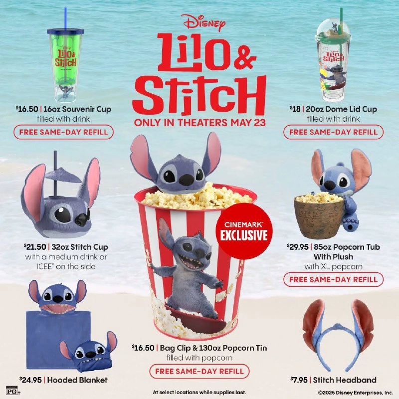 Оу, к премьере «Lilo & Stich» в кино сеть кинотеатров Cinemark выкатила целую линейку мерча:
🍕 Полосатое ведро с подвеской-головой Стича (безлимитно пополняется в день покупки) — 16,5 баксов (1370 руб... | Сетка — новая социальная сеть от hh.ru