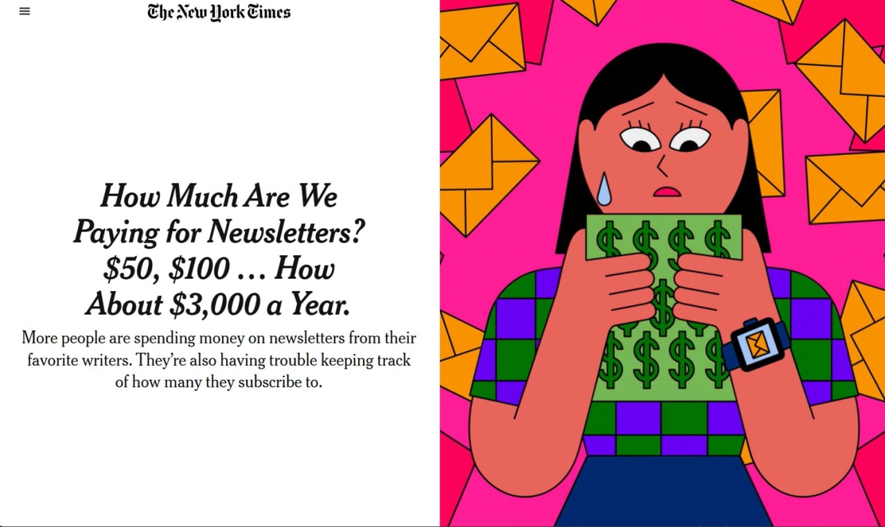 Журналисты NYT пообщались с авторами и читателями платных ньюслеттеров и выдали статью, где главный посыл — людям очень сложно следить за всеми подписками, и из-за этого у них на рассылки уходит очень... | Сетка — новая социальная сеть от hh.ru