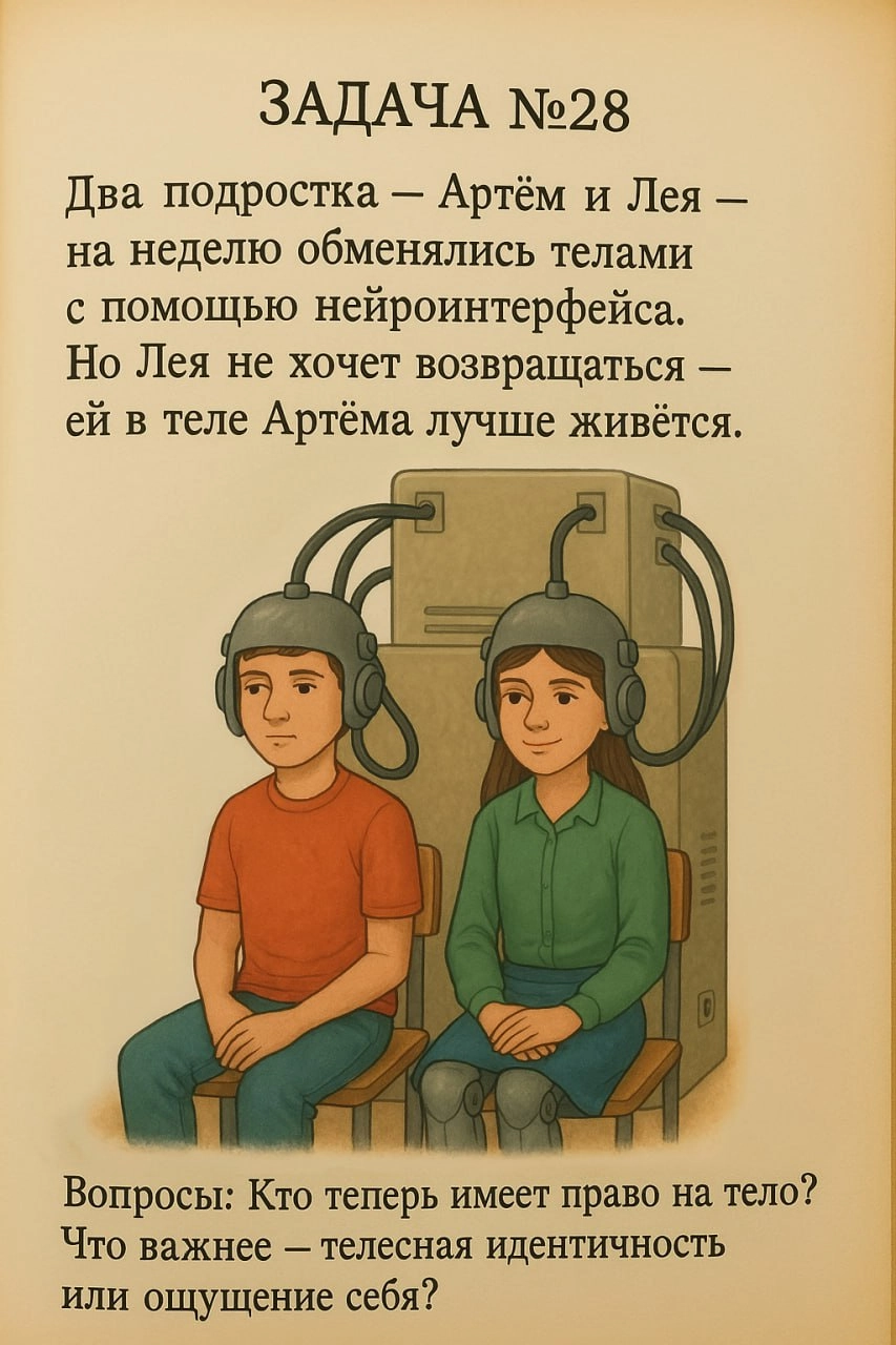 Задачник по новой этике
Увидел в интернете картинку с детской задачкой о «мозге в колбе» (известном философском мысленном эксперименте) и решил сделать серию дилемм из учебника будущего по новой этике | Сетка — новая социальная сеть от hh.ru