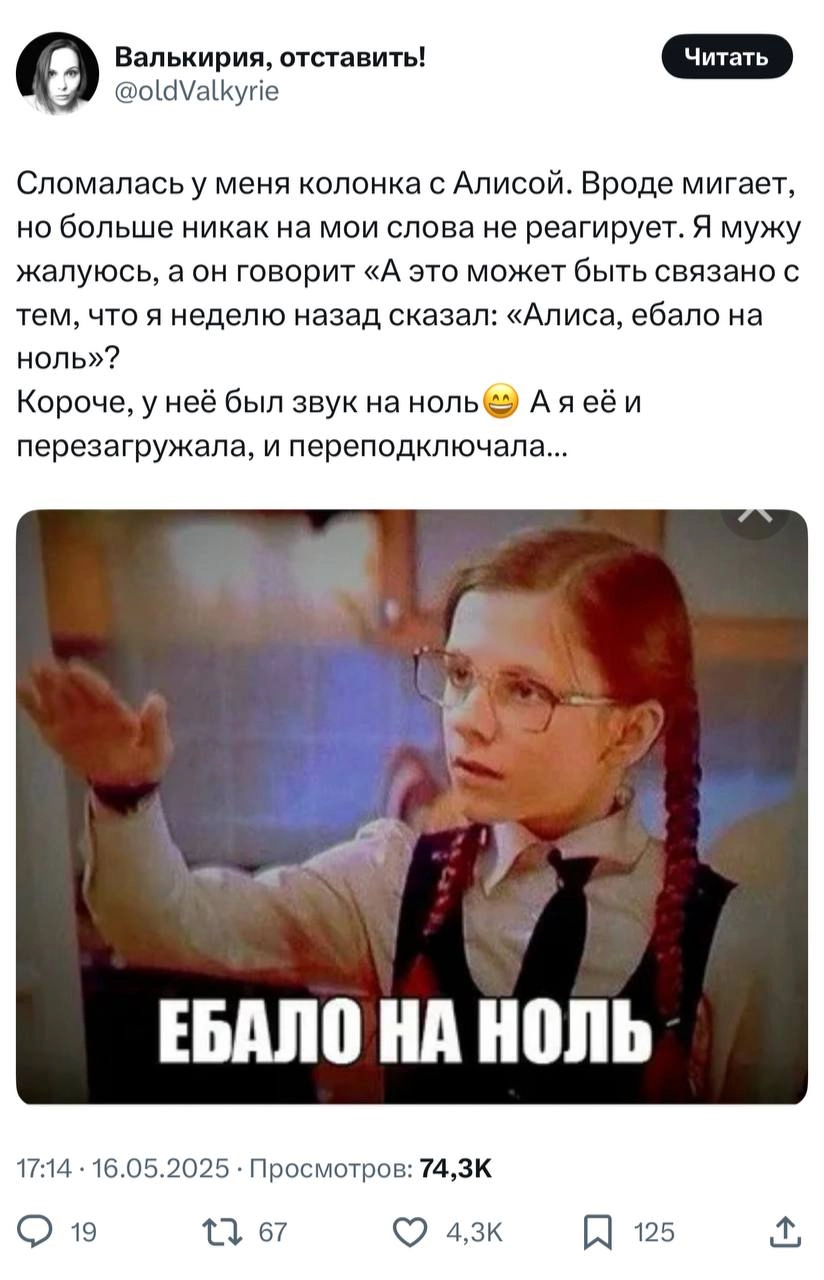 «Алиса, еб*ло на ноль». Твиттерская рассказала о самом тупом способе сломать умную колонку. Точнее сделать так, чтобы она вела себя как сломанная. 
не хами Алисе, кожаный человек | Сетка — новая социальная сеть от hh.ru