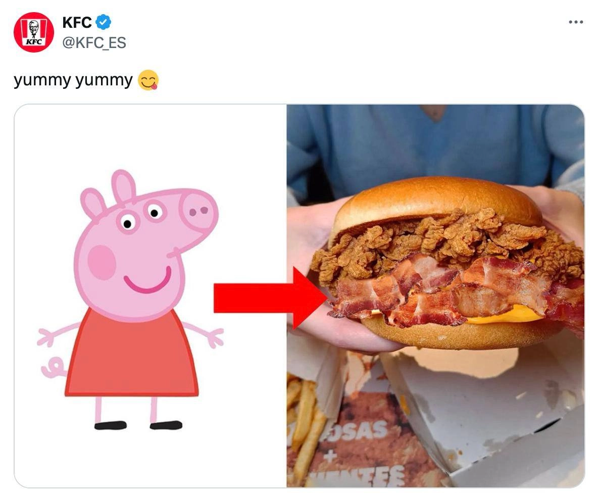 KFC в Испании жестко заситуативил новость о том, что у свинки Пеппы родилась сестричка.
Надо сказать, что кампания с «рождением сестрички» была очень масштабной | Сетка — новая социальная сеть от hh.ru
