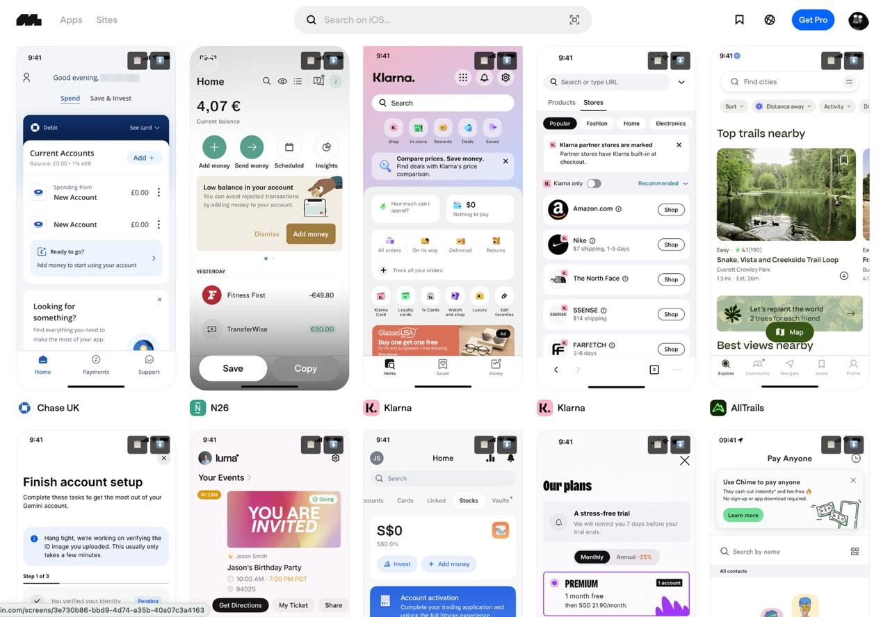 Mobbin теперь бесплатно! 
Mobbin — качественно подобранная коллекция современных UI-паттернов для мобильных приложений, демонстрирующая лучшие примеры дизайна | Сетка — социальная сеть от hh.ru