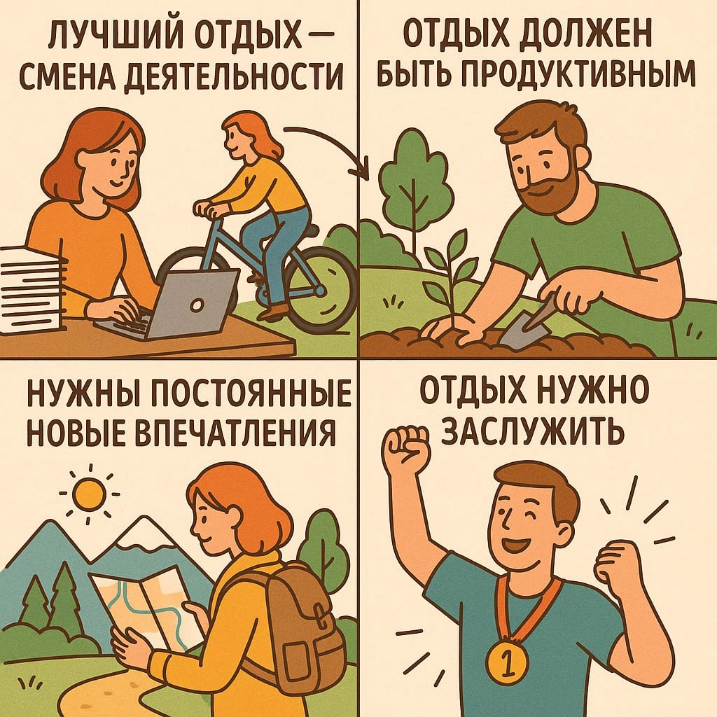 😌 О, отдых!
В ролях: 
⚡️ «Лучший отдых — смена деятельности»
⚡️«Отдых должен быть продуктивным»
⚡️ «Нужны постоянные новые впечатления»
⚡️ «Отдых нужно заслужить»
Перед вами лучшие примеры мракобесия | Сетка — новая социальная сеть от hh.ru