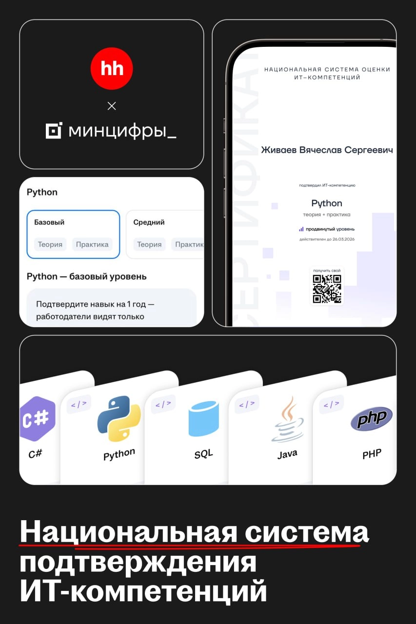 HeadHunter и Минцифры запустили национальную систему подтверждения ИТ-компетенций  
🌟 Что случилось
Минцифры запустило национальную систему подтверждения ИТ-компетенций, а оператором программы стал He... | Сетка — новая социальная сеть от hh.ru