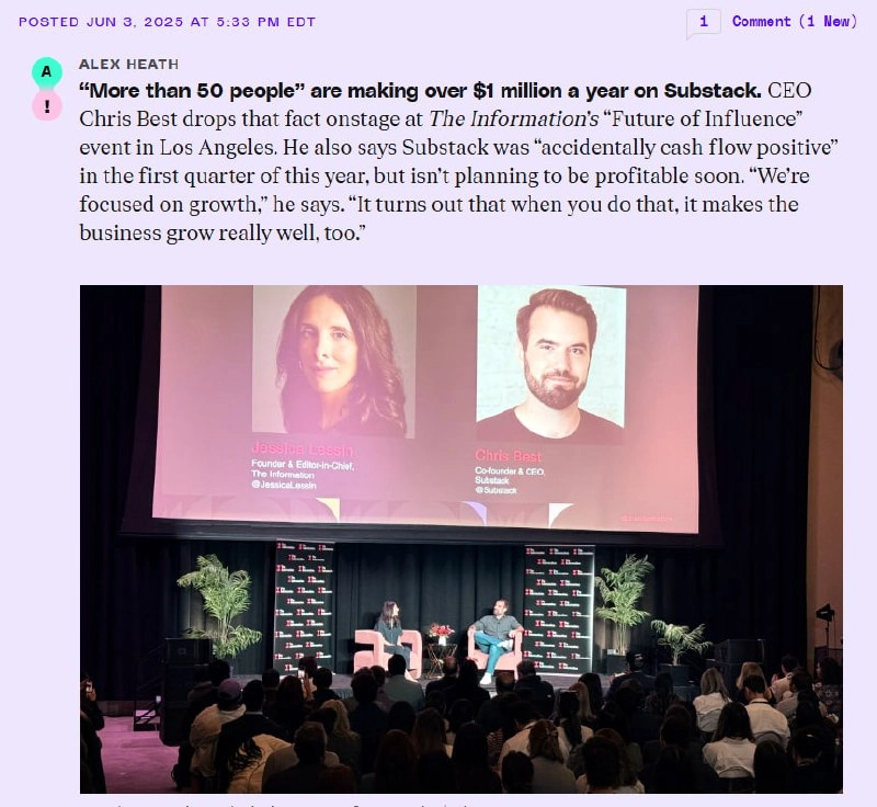 50+ авторов уже зарабатывают на Substack больше $1M в год — говорит их CEO, имея ввиду, по всей видимости, только платные подписки. 
Представьте, рассказать это кому-нибудь во времена ЖЖ. | Сетка — новая социальная сеть от hh.ru