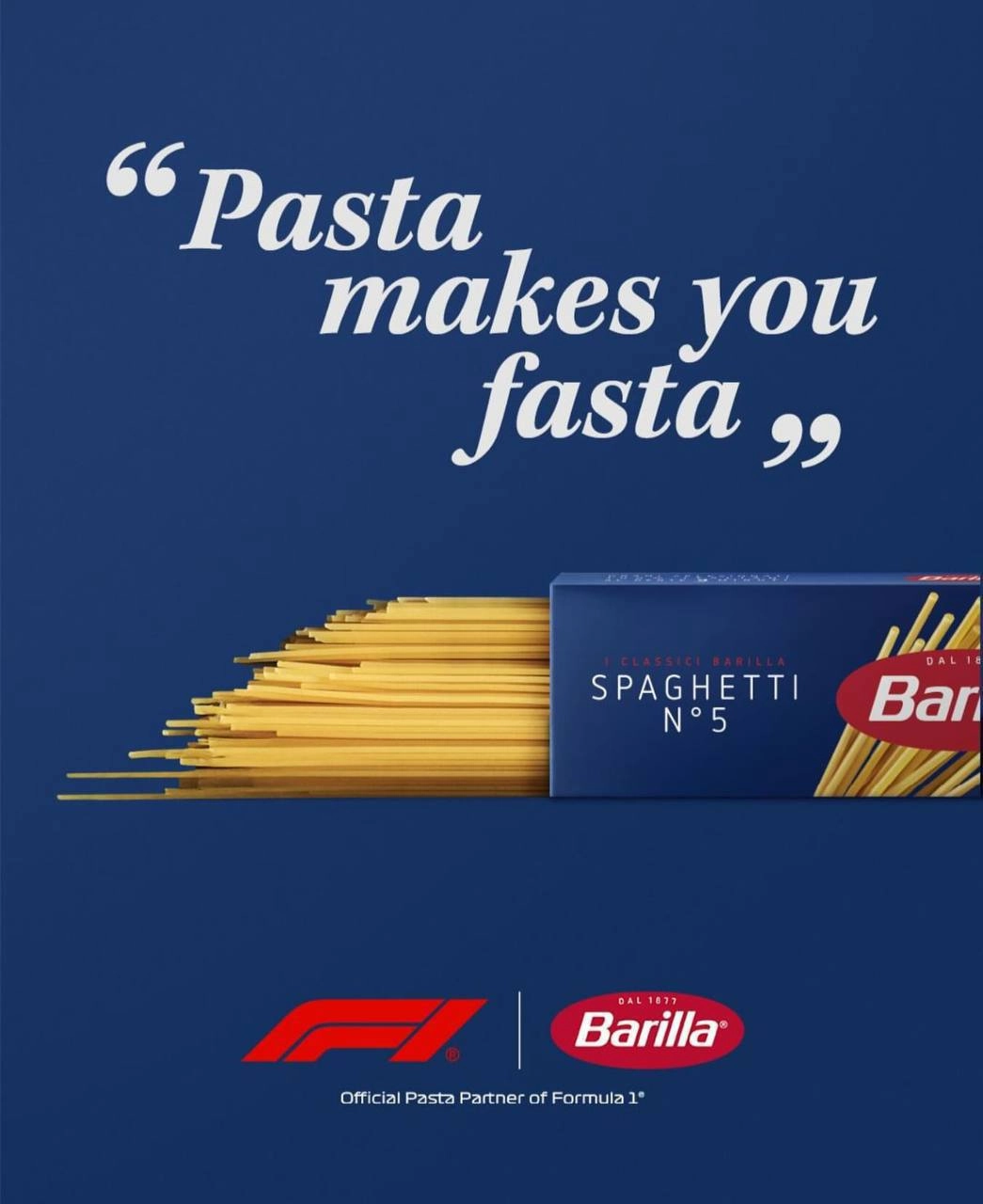 Лол, Barilla стала одним из спонсоров Формулы 1 с забавным рифмованным слоганом «Макарошки сделают тебя быстрее». 
Трудно спорить 😂 | Сетка — социальная сеть от hh.ru