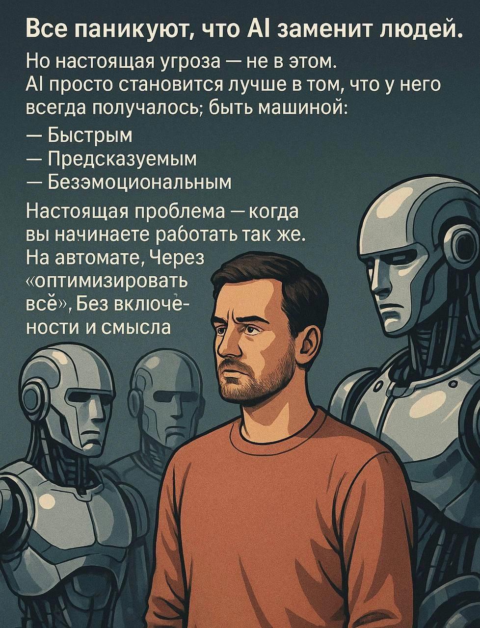 Не будь машиной, будь человеком 
Все паникуют, что AI заменит людей
Но настоящая угроза — не в этом. AI просто становится лучше в том, что у него всегда получалось:
быть машиной | Сетка — новая социальная сеть от hh.ru