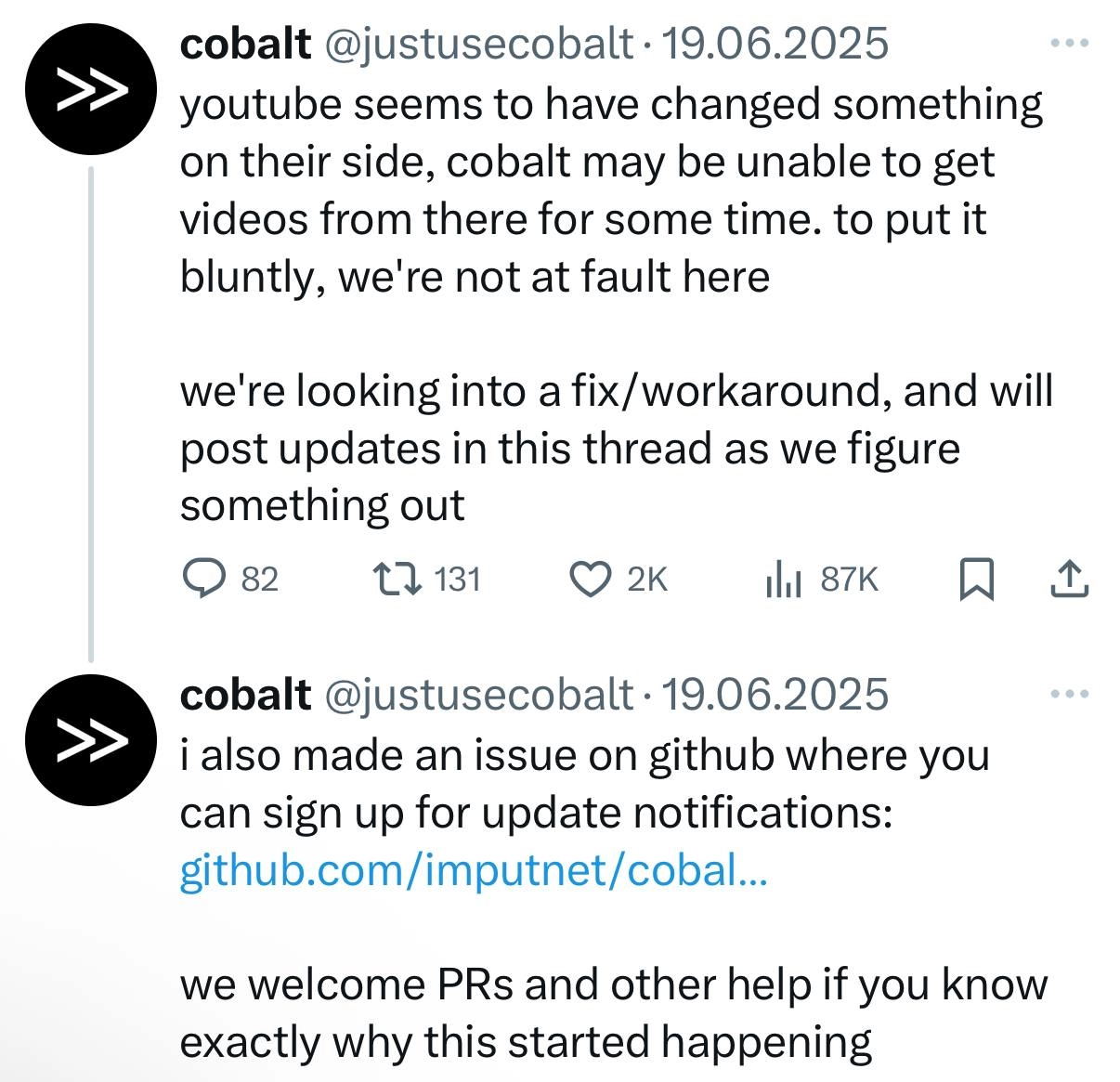 В cobalt.tools временно не работает скачивание с YouTube 
https://github.com/imputnet/cobalt/issues/1356 | Сетка — социальная сеть от hh.ru