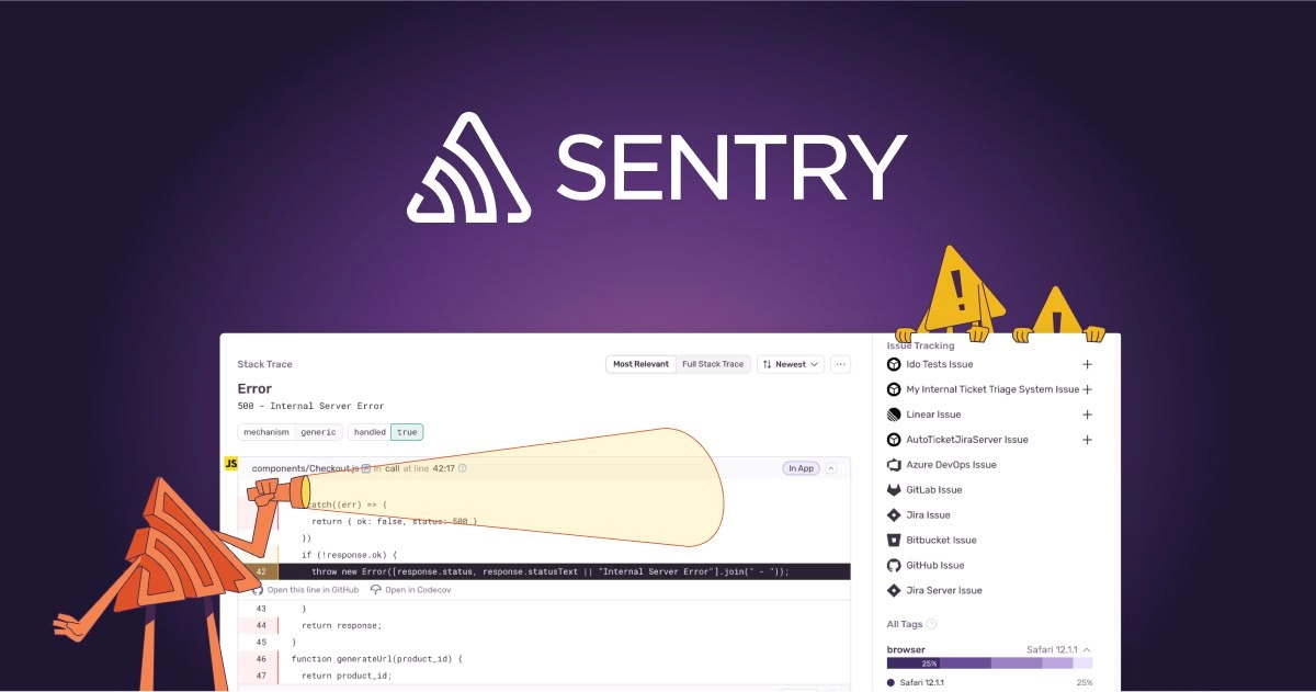 Sentry для отлова ошибок
Пользователи жалуются, что на сайте возникает ошибка. У разработчика "всё работает". В команде разработки никто ошибку не может воспроизвести ни на одном устройстве | Сетка — социальная сеть от hh.ru