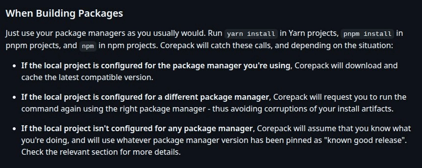 https://github.com/nodejs/corepack
Дабы не ставить зоопарк в виде yarn, pnpm и прочего.
Практически говоря, Corepack позволяет вам использовать Yarn, npm и pnpm, не устанавливая их заранее | Сетка — социальная сеть от hh.ru